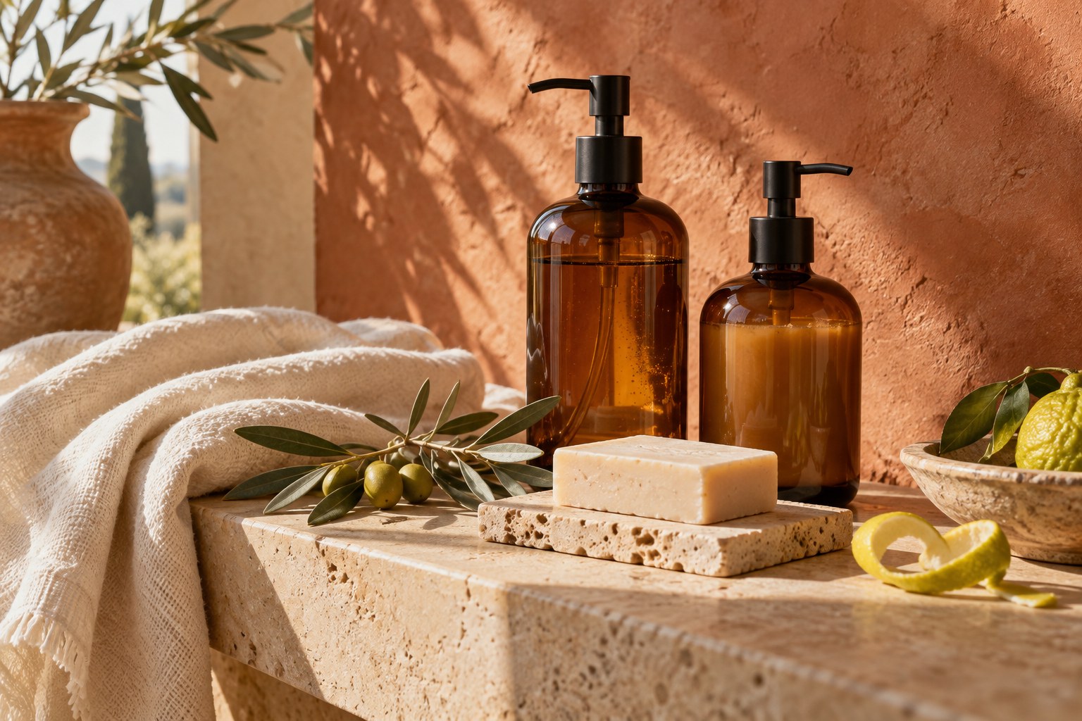 Illustrative Italian bathroom with amber bottles, soap, linen and olive branches