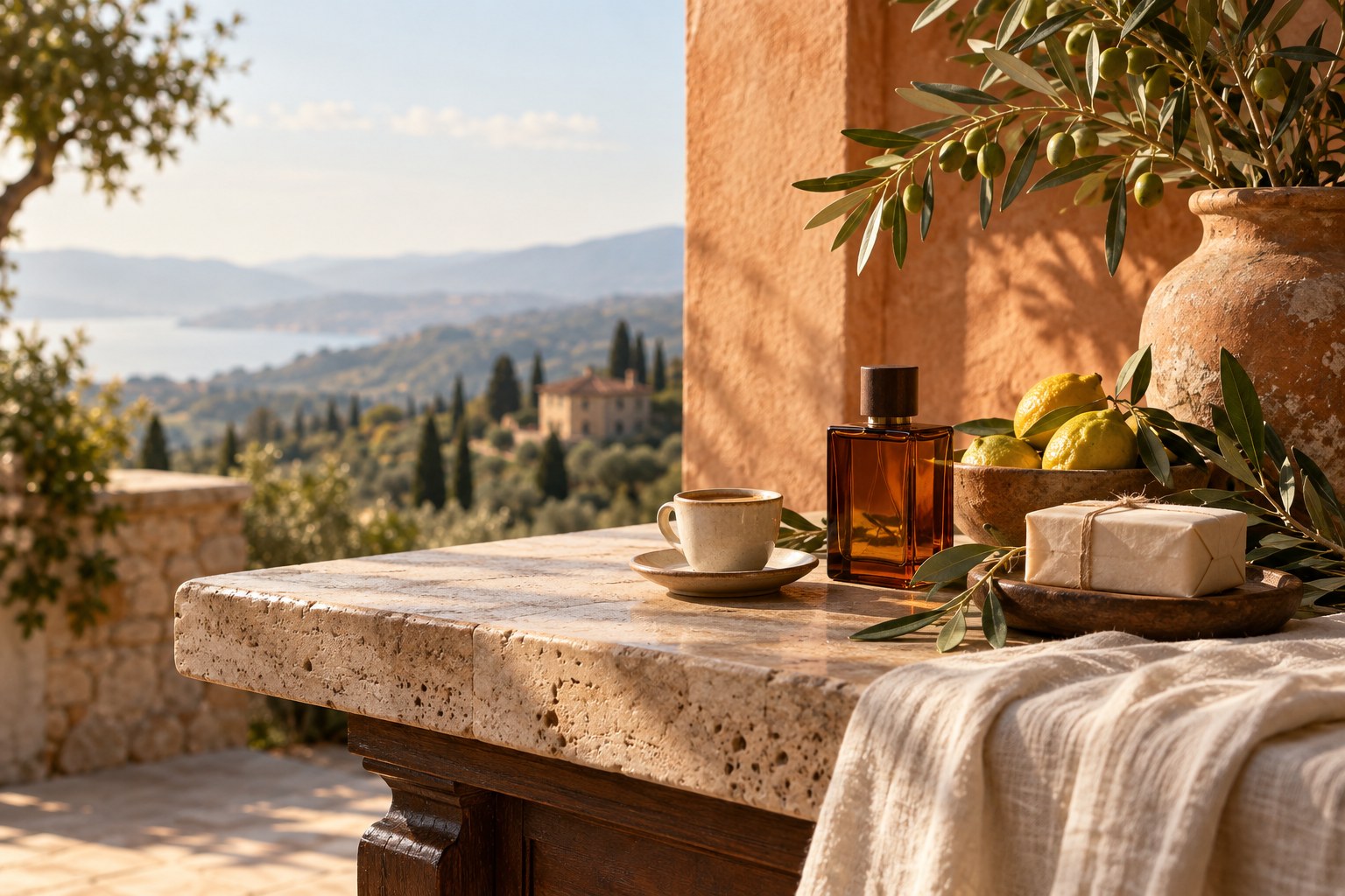 Italian-inspired villa still life with citrus, linen and unbranded fragrance bottles